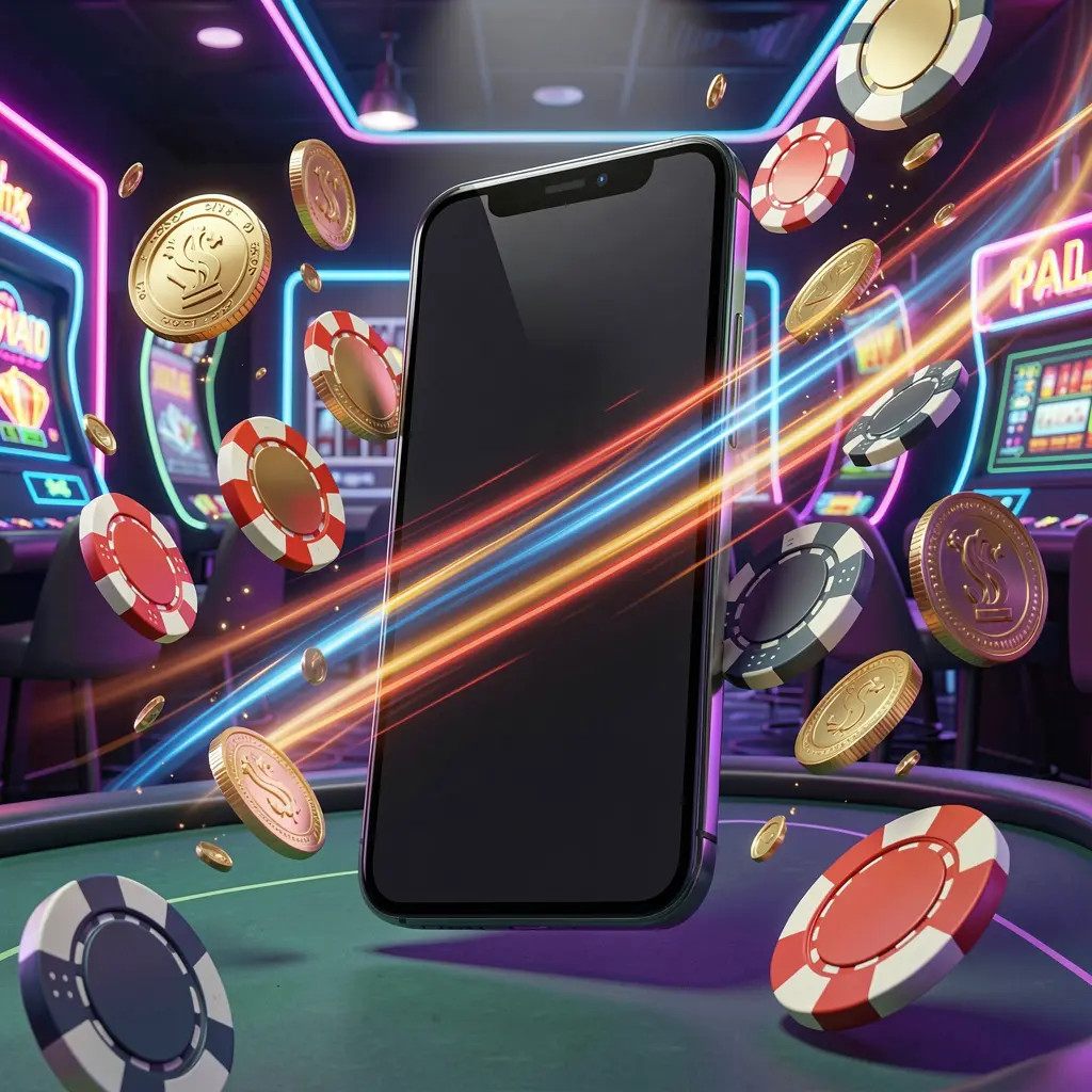 A880 fast casino app access visual showing a smartphone with speed light trails, coins and chips flying around against a modern neon casino background in a dynamic 3D render