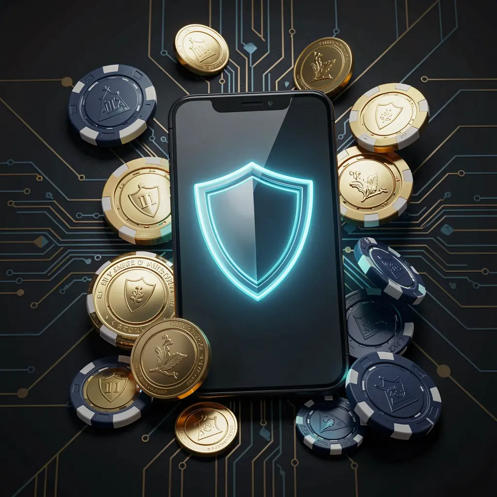 A880 secure mobile casino app concept showing a smartphone with a glowing shield icon surrounded by golden coins and chips against a dark luxury cyber background in a realistic 3D render