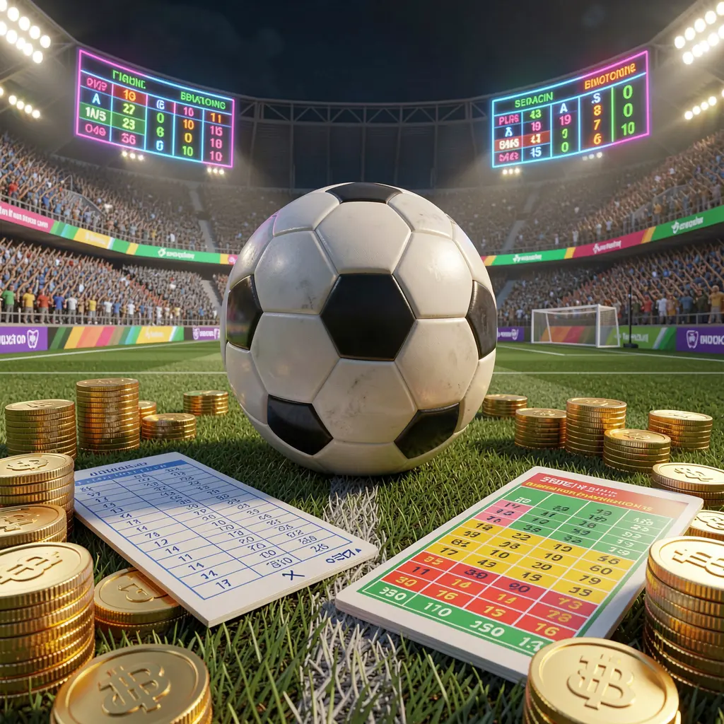 A880 premium sports betting scene featuring a realistic 3D football field with a stadium crowd, a soccer ball, golden coins, betting slip elements, and neon odds panels