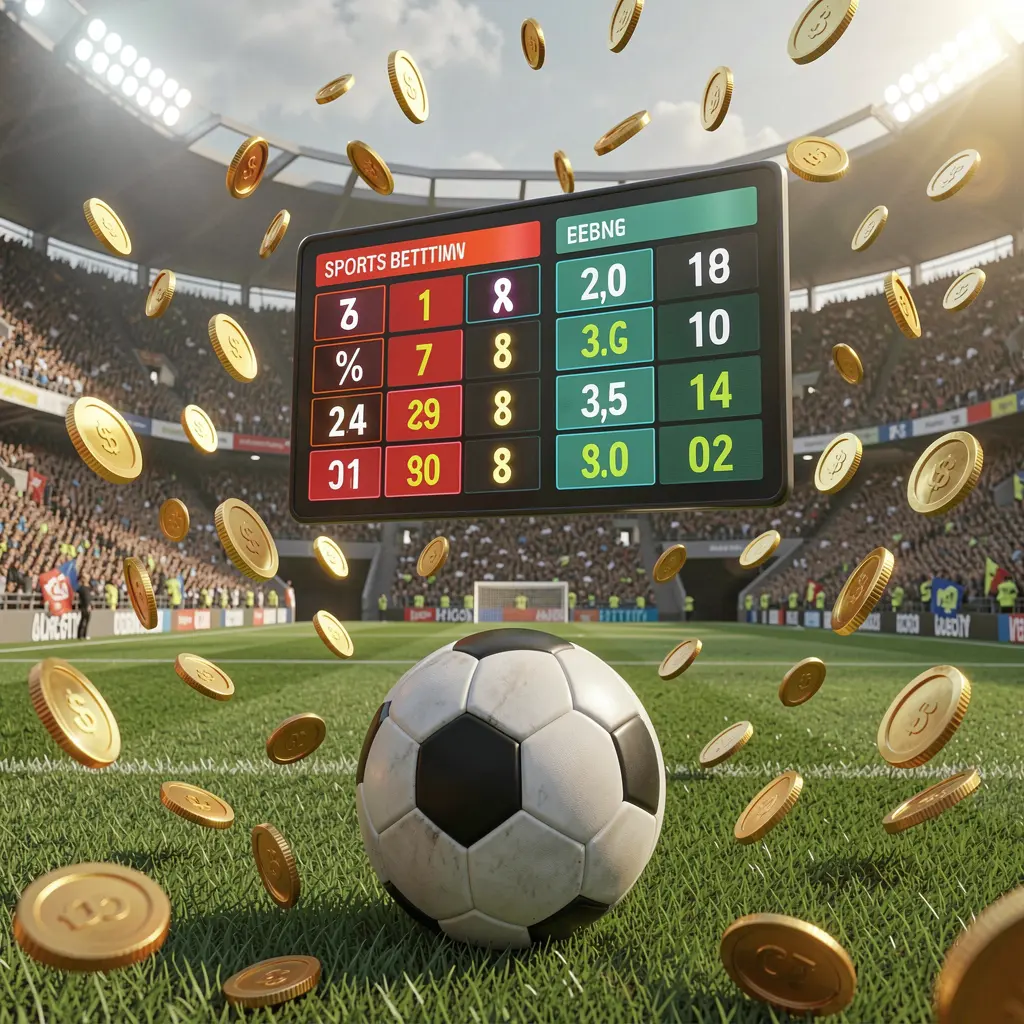 A880 sports betting page visual showing a packed football stadium with a soccer ball in the foreground, floating digital odds interface, and golden coins flying in a realistic 3D illustration
