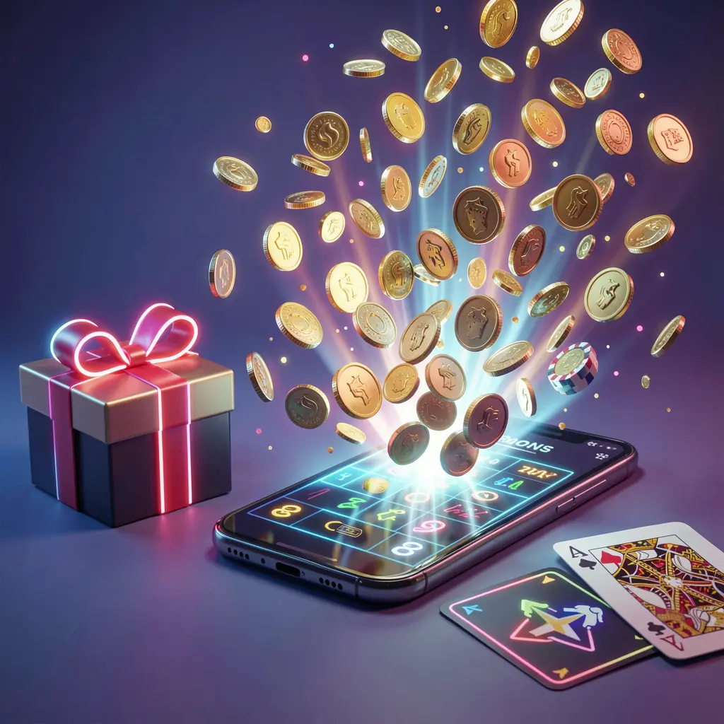 A880 mobile casino bonus banner featuring a smartphone with coins bursting from the screen, a gift box, and playing cards nearby, all illuminated by a bright neon glow in a premium realistic 3D render