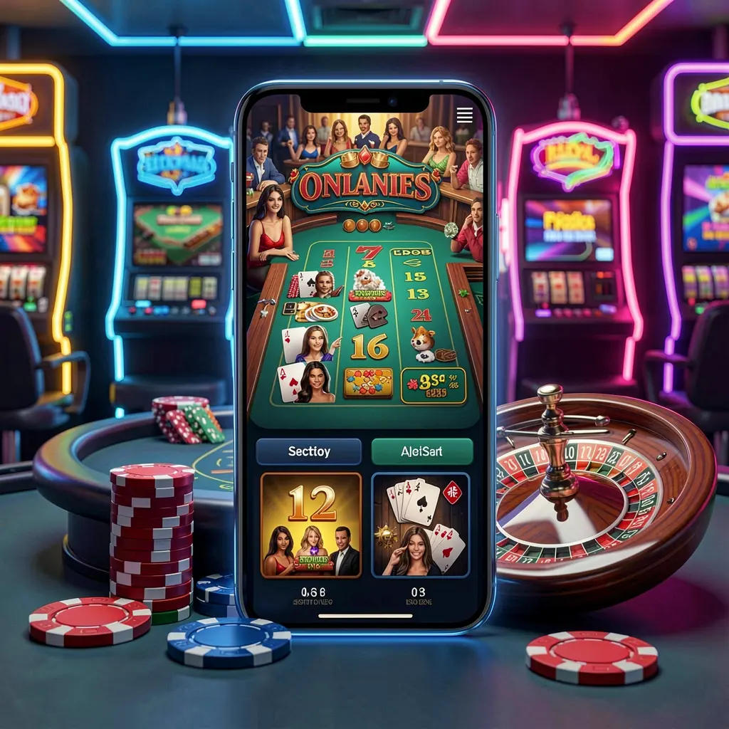 A880 online casino platform concept displayed on a smartphone with a glowing roulette wheel and poker chips around it against a premium neon background in a 3D realistic render