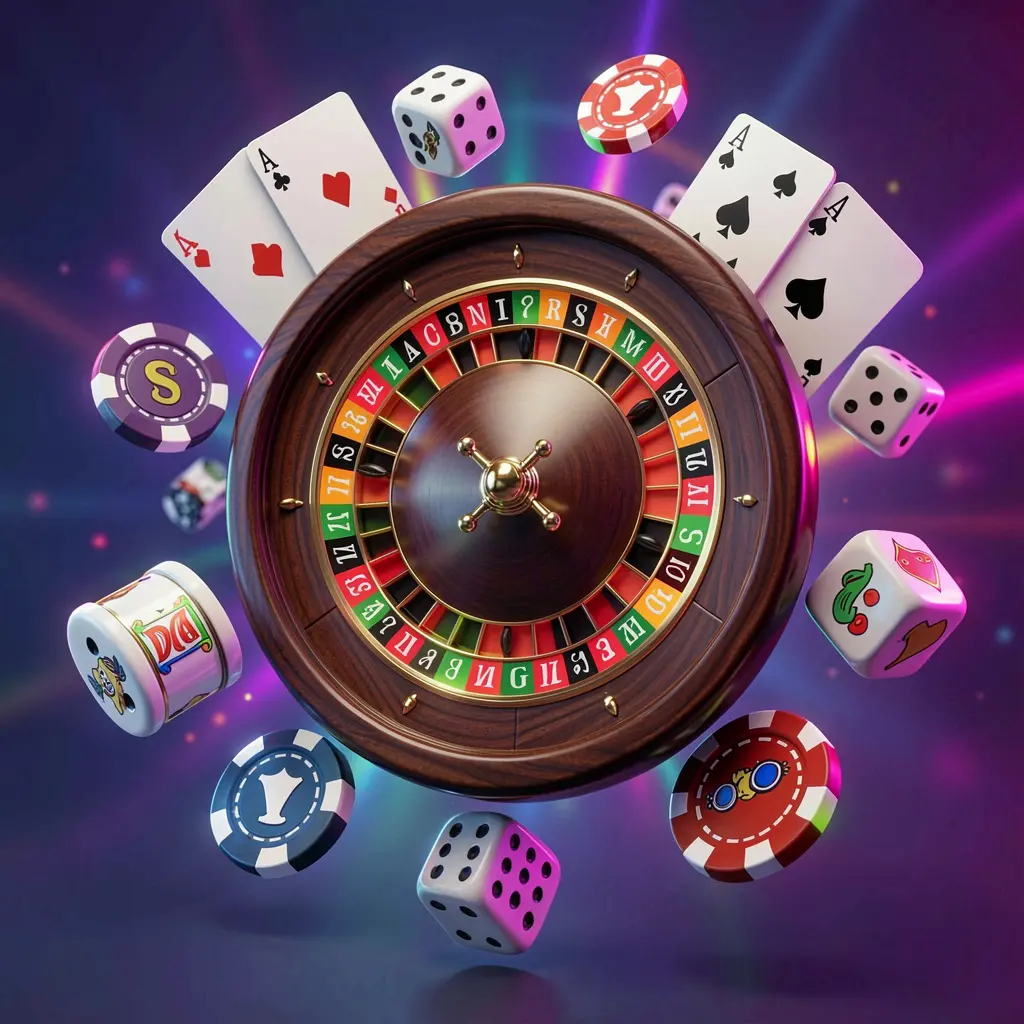 A880 online casino games collection featuring a roulette wheel, blackjack cards, dice, slot symbols, and poker chips floating together with a neon glow in a premium 3D render