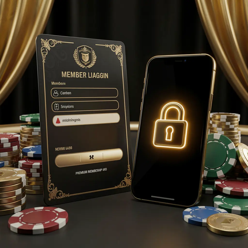 A880 casino member login concept featuring a premium membership card beside a smartphone with a glowing lock symbol, surrounded by poker chips and coins on a black and gold luxury background in a realistic 3D illustration