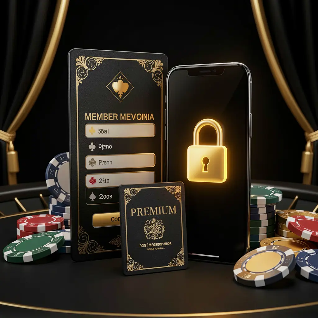 A880 casino member login concept with a premium membership card beside a smartphone displaying a glowing lock symbol, surrounded by poker chips and coins on a black and gold luxury background in a realistic 3D illustration