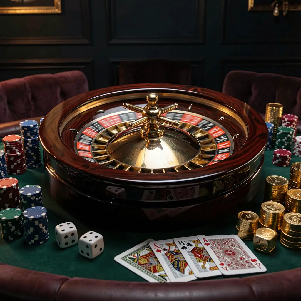 A880 premium casino homepage scene featuring a roulette wheel spinning on a glossy table surrounded by poker chips, dice, cards, and golden coins with an elegant dark background and cinematic lighting