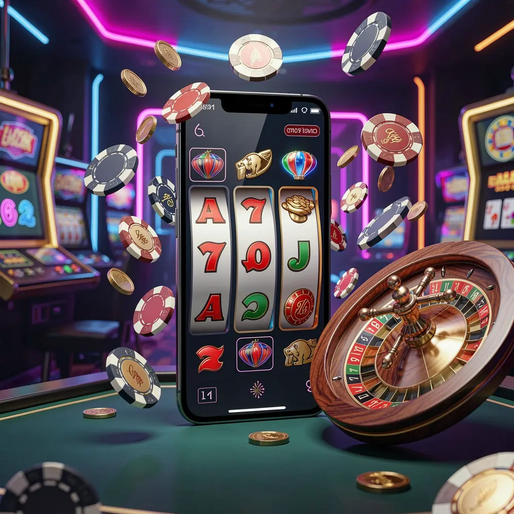 A880 casino entertainment homepage concept featuring a modern mobile phone with slot symbols, roulette wheel, chips, and coins floating around against a neon casino background in a premium 3D render